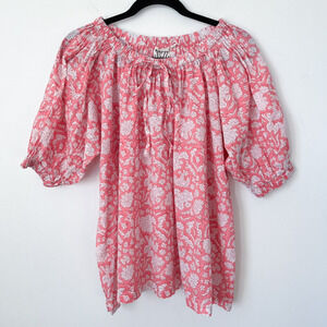 SZ BlockPrints x J.Crew Pink Nila Floral Gathered Top Puff Sleeve Womens Small